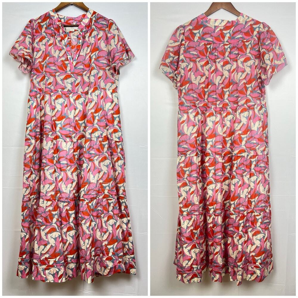 Birds of Paradis by TROVATA Pink Tropical Print Tiered Boho Midi Dress L - Picture 4 of 12